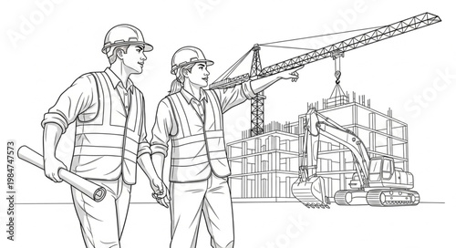 Two construction workers in safety gear discussing plans.