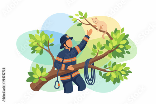 Firefighter Rescuing a Cat from a Tree Flat Vector Illustration