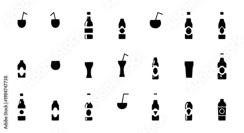 Bottle icons set with alcohol liquor, medicine ampoule, and spray silhouettes for labels, menus, infographics, and web UI