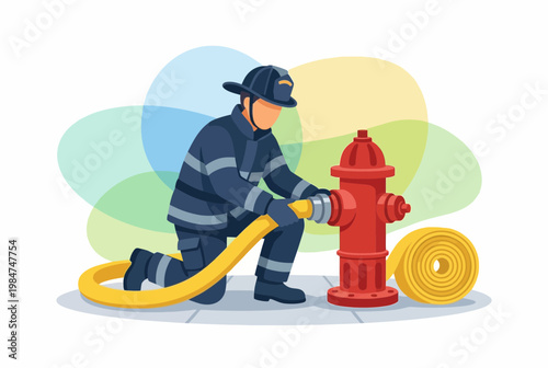 Firefighter Connecting Hose to Red Fire Hydrant Illustration