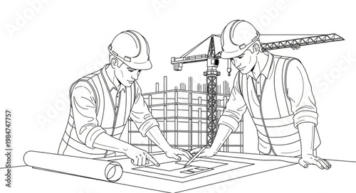 Two Construction Workers Examining Blueprint Plans Together.