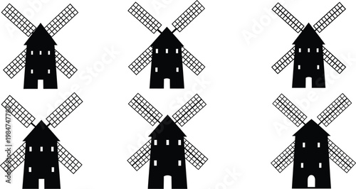 Windmill silhouettes montage with windmill building architecture agriculture industry technology historic silhouette illustration countryside traditional machinery mechanism structure