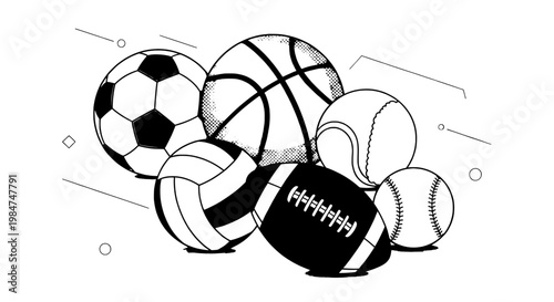 Sports balls set with soccer, basketball, volleyball, baseball, and football featuring black and white, line art, vector with illustration and
