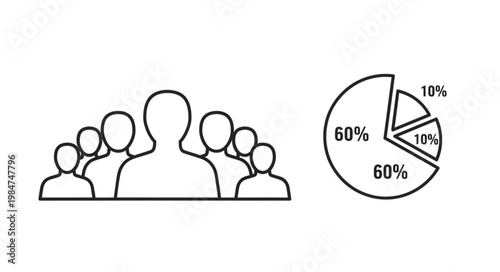 Group of people and pie chart representing data analysis.