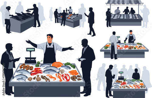 Fish market scene with vendors and customers in silhouette customers silhouette illustration shopping commerce business restaurant purchase selection abundance nutrition weighing offering