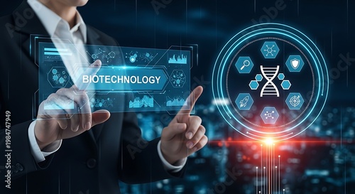 Businessman interacting with virtual biotechnology interface virtual interface futuristic digital