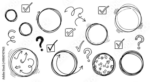 Circles hand drawn set with arrows, checkmarks, and question marks in black lines on white background, including various line styles and circular