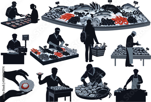 People shopping for fresh fish at market stalls with seafood market food industry shopping customer fishmonger commerce consumer nutrition delicacy lifestyle business selection freshness