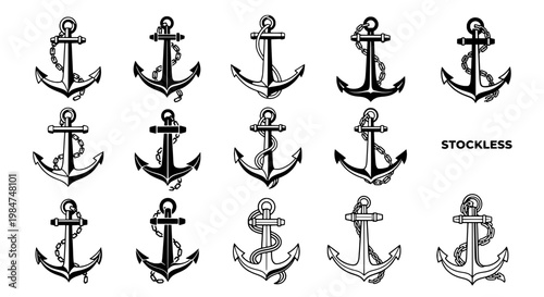 Anchors nautical icon set with black line drawings and minimalist designs on white background featuring anchor, drawing, design with symbol and