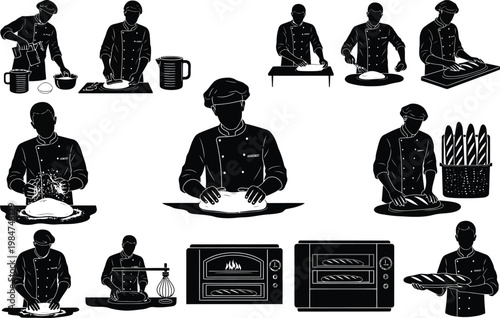 Baker silhouettes in a kitchen preparing dough and baking bread with food industry black and white silhouette preparation kneading restaurant illustration professional culinary activity