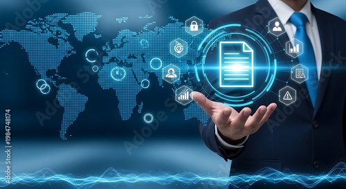 Businessman presenting digital document on hand with map background suit