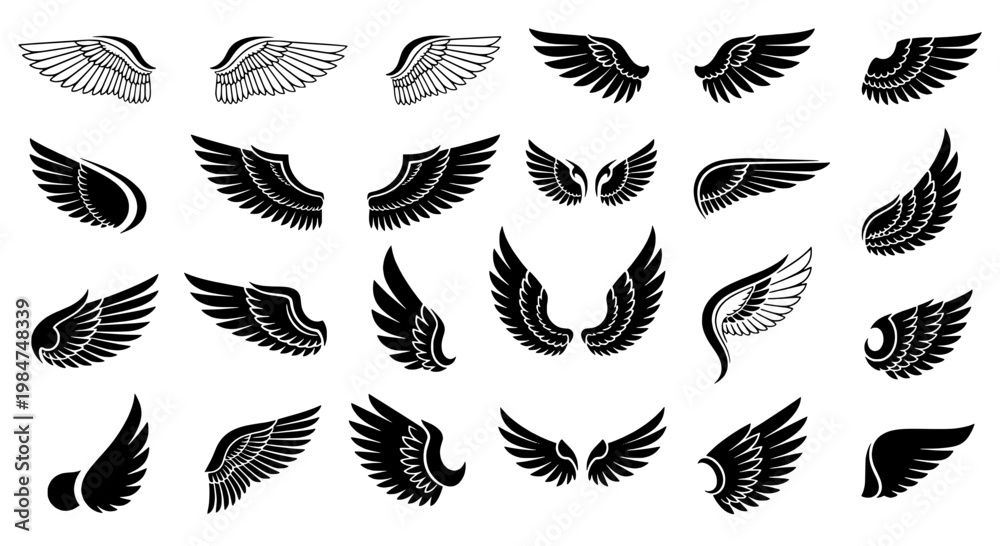 Fototapeta premium Wings set with various designs and styles for artistic and symbolic use featuring black and white, vector, illustration with graphic and design