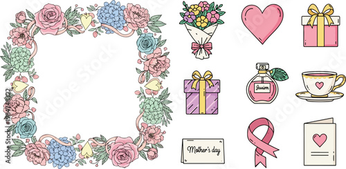 Mother's Day Celebration Elements Set with Floral Wreath, Gift Boxes, and Romantic Icons in Hand-Drawn Style
