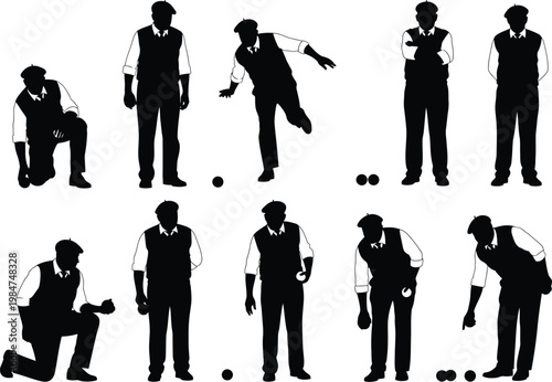 Silhouettes of men playing bocce ball in various poses with lawn bowls outdoor activity game player sports game summer sport recreation time leisure activity sport event activity outdoors