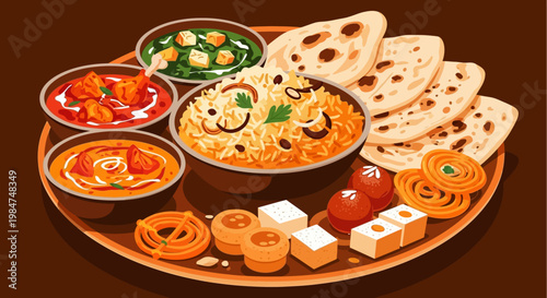 Traditional Indian Thali meal vector illustration with biryani rice, curry, naan bread, and sweet desserts on a platter.