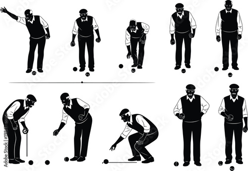 Silhouette illustrations of people playing bocce ball with line art black and white lawn game activity throwing collection illustration silhouette monochrome individual multiple variations