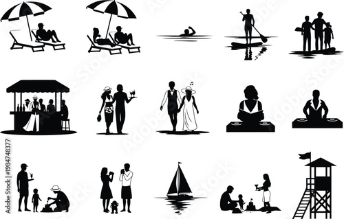 Silhouettes of people enjoying various beach and leisure activities with line art black and white silhouette vacation relaxation activity paddleboard umbrella lifestyle collection monochrome