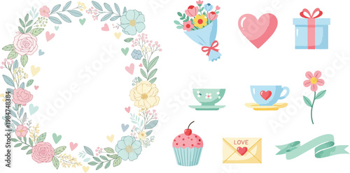 Mother’s Day Floral Element Set, Pastel Flower Wreath and Cute Tea Party Clip Art for Greeting Cards