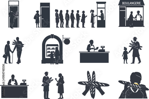 Collection of silhouettes depicting shopping and service interactions with service industry retail store shopping cart people icons service counter shopping experience point of sale shopping