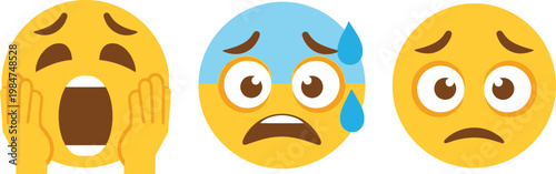 Three cartoon emoji faces expressing negative emotions shock worry and sadness on a white background