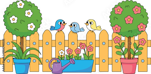 Spring garden flower pot vector with blooming house plants, roses, trees and watering can, outdoor village scene with fence and birds illustration
