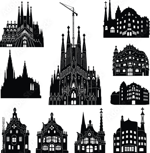 Collection of iconic building silhouettes with construction crane sagrada familia architecture buildings landmarks silhouettes illustration cityscape structures historical construction