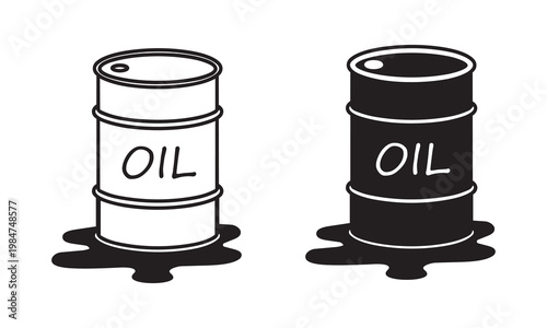Oil barrel drum silhouette and outline with petroleum spill for energy industry and economic design