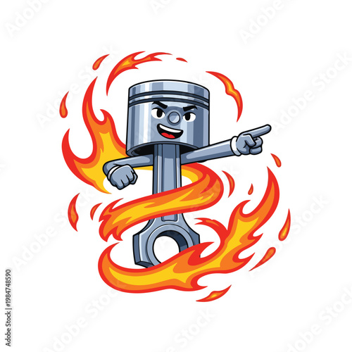 A cartoon piston mascot character with an aggressive expression points forward, enveloped in dynamic orange flames against a clean white background, conveying power