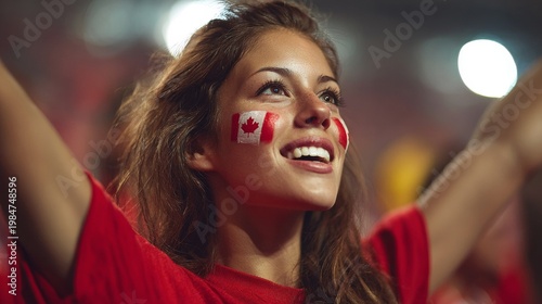 Euphoric woman in a football stadium with her face painted with the colors of the Canadian flag, cheering and supporting her team.