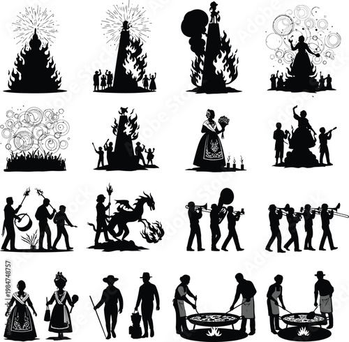 Silhouettes of spanish festival scenes and figures with las fallas silhouette festival traditional celebration gathering illustration representation collection performance instrument