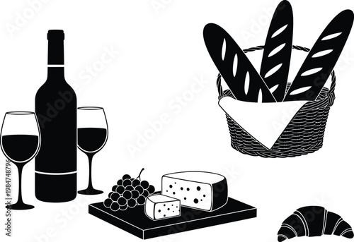 Still life with wine bottle glasses bread basket cheese croissant black and white food and drink croissant illustration refreshment beverage appetizer delicious lifestyle countryside