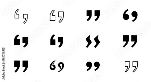 Quotation marks set with various styles and symbols for citation and dialogue featuring quotes, typography, punctuation with text and editing