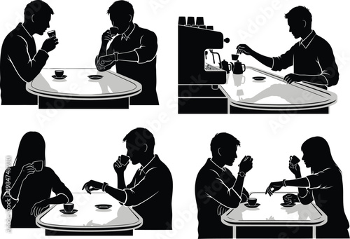 People drinking coffee or tea at tables barista preparing drink hot beverage food and drink social interaction drinking silhouette relaxation socializing gathering lifestyle refreshment