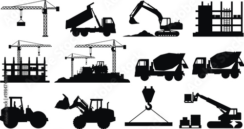 Construction equipment silhouettes, tower cranes, dump trucks, excavators, concrete mixer trucks, scaffolding, loader, tractor, boom lift, industrial site illustration