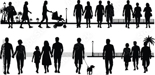Silhouettes of people walking on a promenade with palm trees and families palm tree silhouette stroller promenade lifestyle illustration
