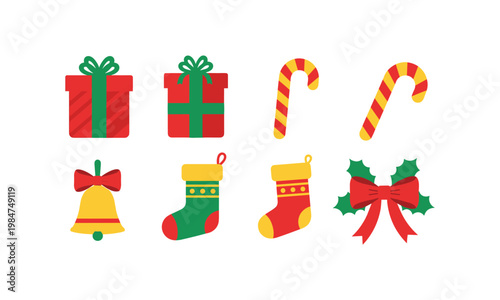 Colorful holiday icons representing festive traditions and gifts