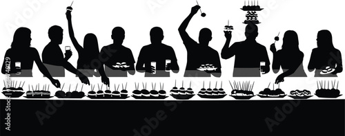 Silhouette of people celebrating and eating at a long table with silhouette celebration drinking gathering festivity happiness together enjoyment restaurant cocktail champagne appetizer