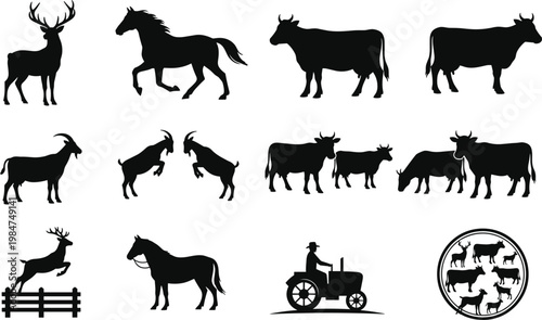 Farm animal silhouettes, tractor with farmer, cows goats horses deer, rural life icons, agricultural emblem, countryside livestock vector illustration