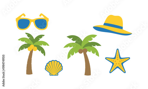 Vibrant icons representing a classic tropical and beach holiday theme