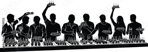 Silhouettes of people holding up food and drinks at a long table with silhouette celebration gathering festivity happiness together restaurant enjoyment occasion excitement champagne