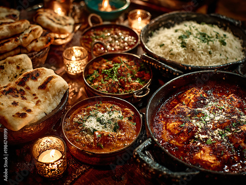A lavish spread of authentic Indian cuisine, including naan bread, curries, basmati rice, and glowing candlelight, creating a warm, inviting, and flavorful dining experience.