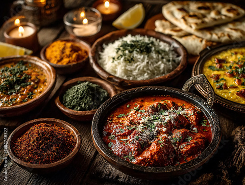A lavish spread of authentic Indian cuisine, including naan bread, curries, basmati rice, and glowing candlelight, creating a warm, inviting, and flavorful dining experience.