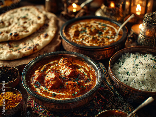 A lavish spread of authentic Indian cuisine, including naan bread, curries, basmati rice, and glowing candlelight, creating a warm, inviting, and flavorful dining experience.