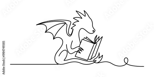 One line art illustration of a small mythical dragon reading an open book in a minimalist style.