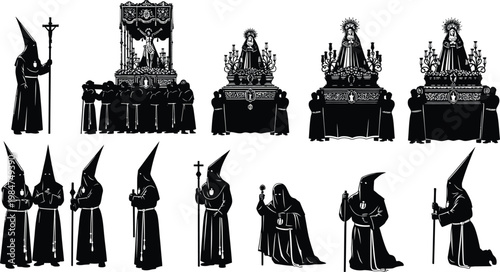 Religious procession silhouettes with hooded figures and altars cultural event religious ceremony procession elements religious tradition faith procession religious festival holy day religion