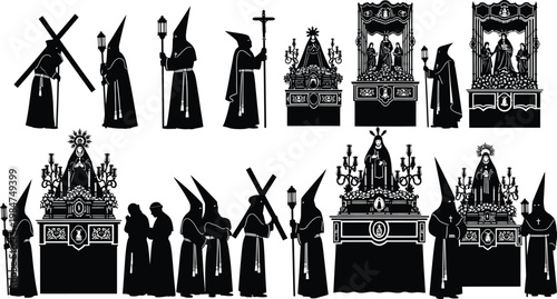 Religious procession silhouettes with hooded penitents and altars cultural event religious ceremony procession elements religious figures religious tradition faith procession religious festival