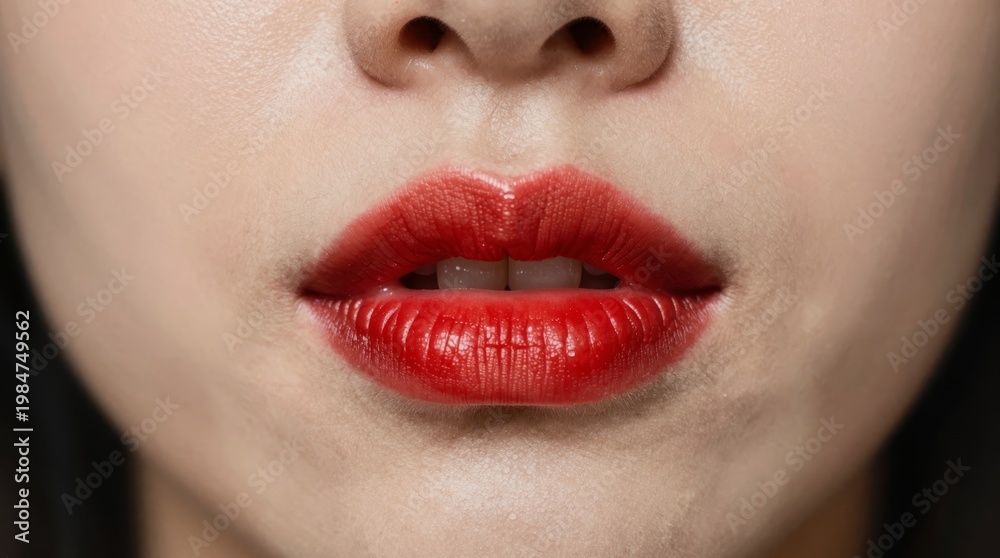Fototapeta premium Close-Up of Beautiful Lips with Red Lipstick on Smooth Skin