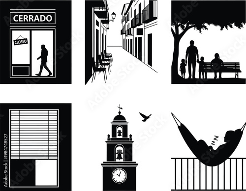 Monochrome scenes of urban life including a store street people relaxing with black and white line art monochrome relaxing illustration composition perspective sleeping vacation architecture