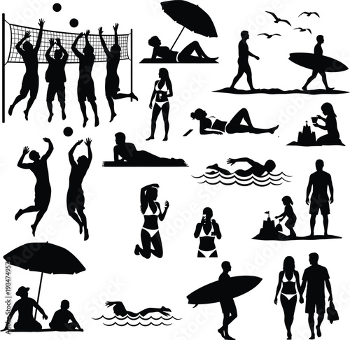 Beach and summer activities silhouettes collection with silhouette activity volleyball sunbathing swimming sandcastle vacation relaxation lifestyle recreation children umbrella surfboard