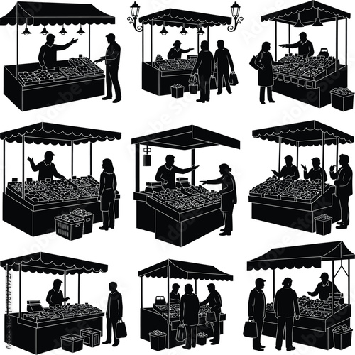 Silhouette illustration set of customers interacting with vendors at various outdoor street food and produce stalls silhouette customer shopping interaction merchant community commercial